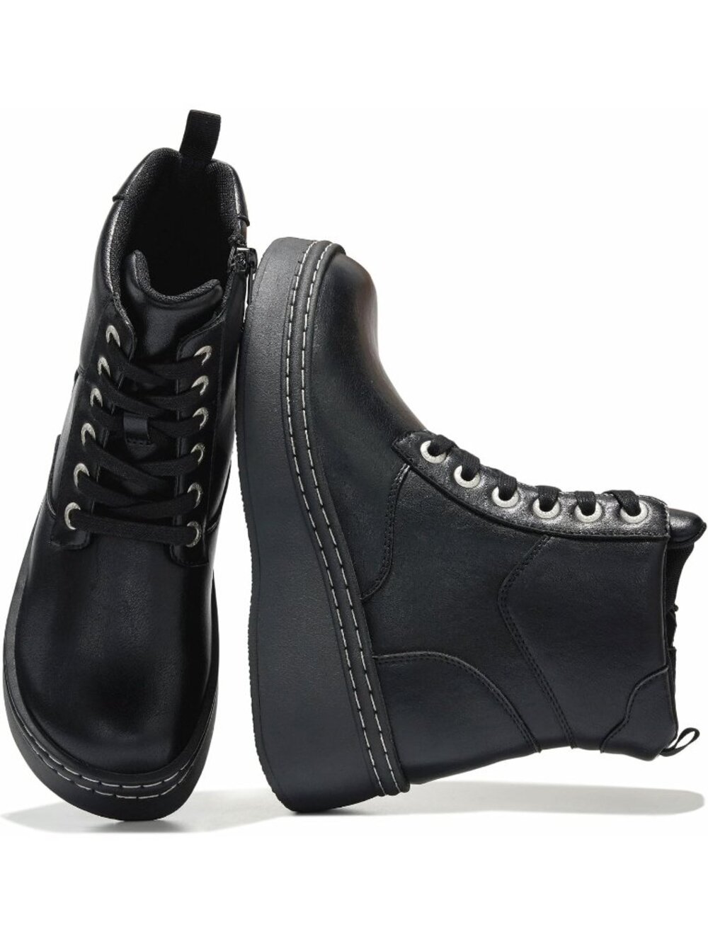 Women's Black Laces Round Toe Comfortable Inside Zipper Platform Ankle Boots